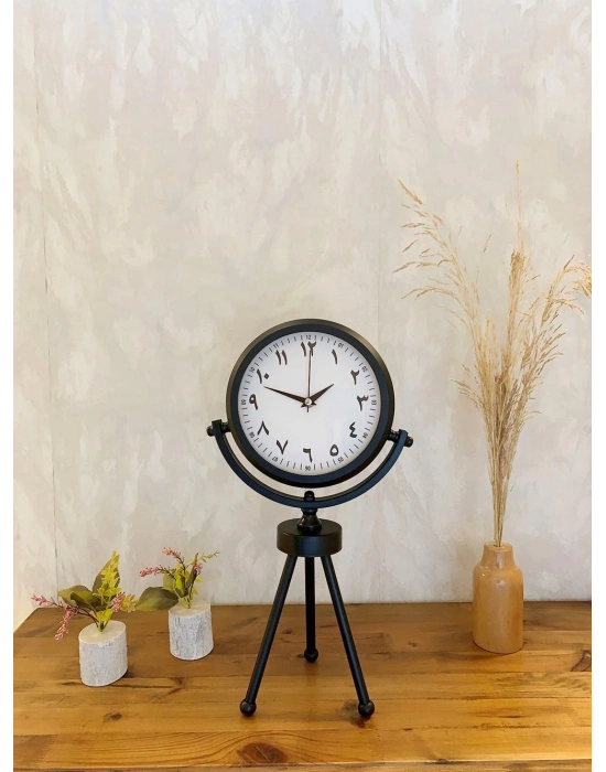 ® Siyah Metal Mini Tripod Farsça Masa Saati 45×26 cm