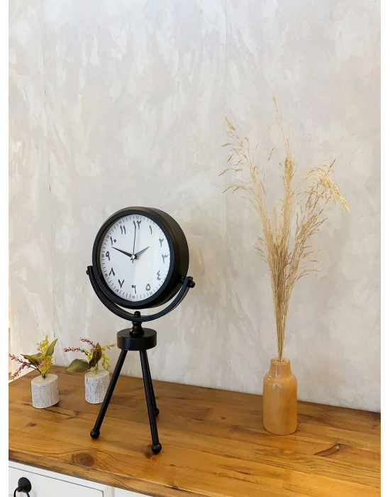 ® Siyah Metal Mini Tripod Farsça Masa Saati 45×26 cm