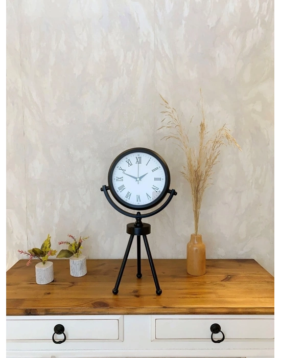 ® Siyah Metal Mini Tripod Roma Rakamlı Masa Saati 45×26 cm