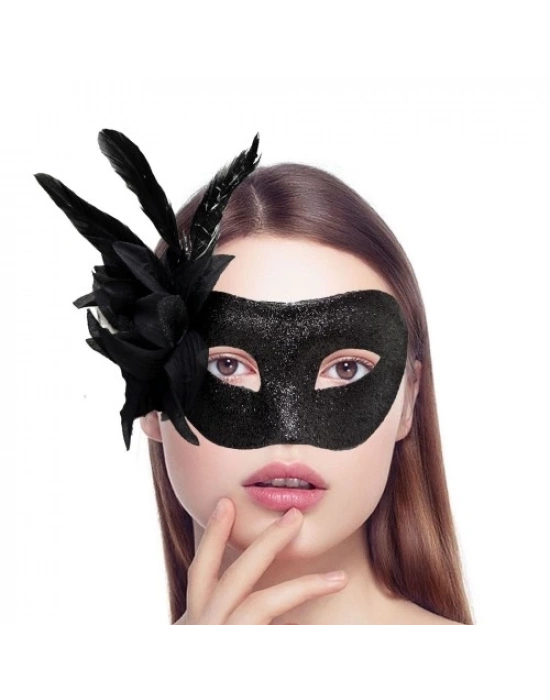 Siyah Metalize Tüylü Parti Maskesi