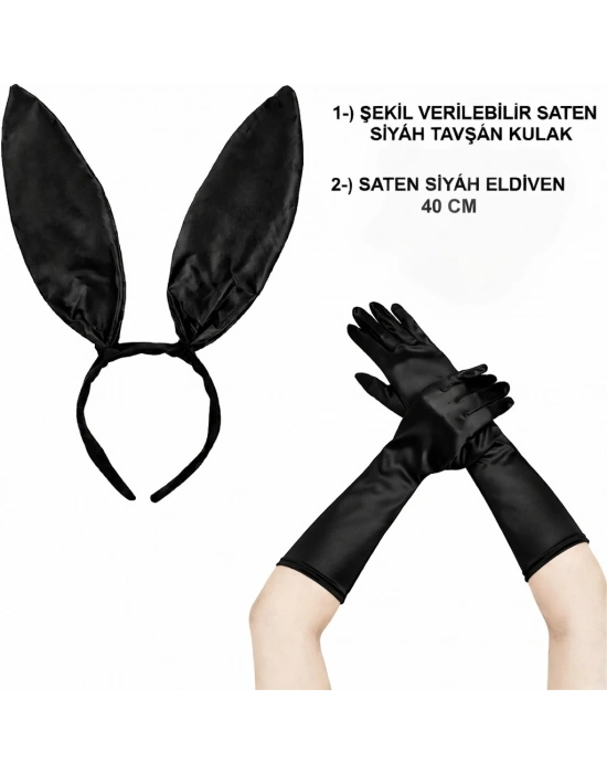 Siyah Parlak Tavşan Kulak Ve 40 Cm Parlak Siyah Eldiven Kostüm Seti