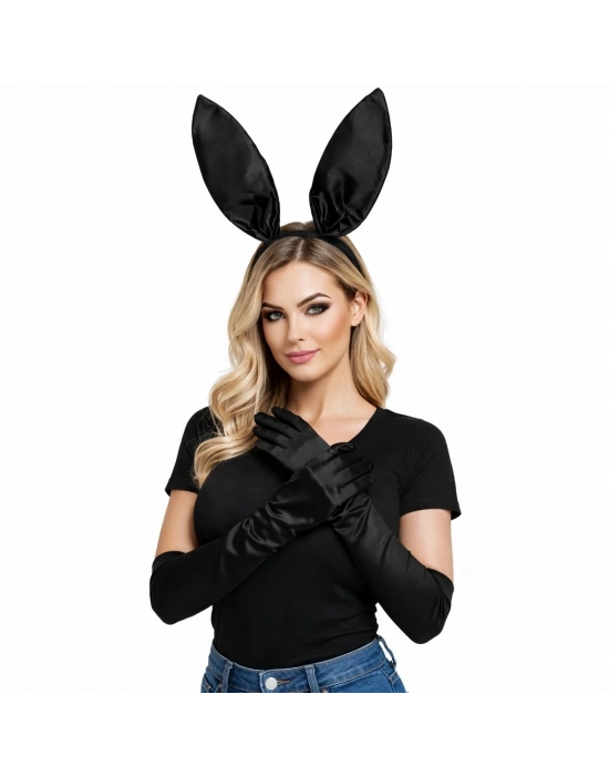 Siyah Parlak Tavşan Kulak Ve 40 Cm Parlak Siyah Eldiven Kostüm Seti