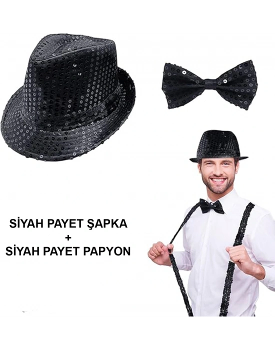 Siyah Payetli Şapka Ve Papyon Seti – Parıltılı Yetişkin Kostüm Seti
