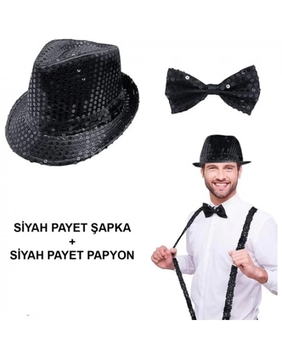 Siyah Payetli Şapka ve Papyon Seti – Parıltılı Yetişkin Kostüm Seti