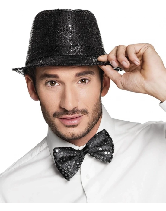 Siyah Payetli Şapka ve Papyon Seti – Parıltılı Yetişkin Kostüm Seti