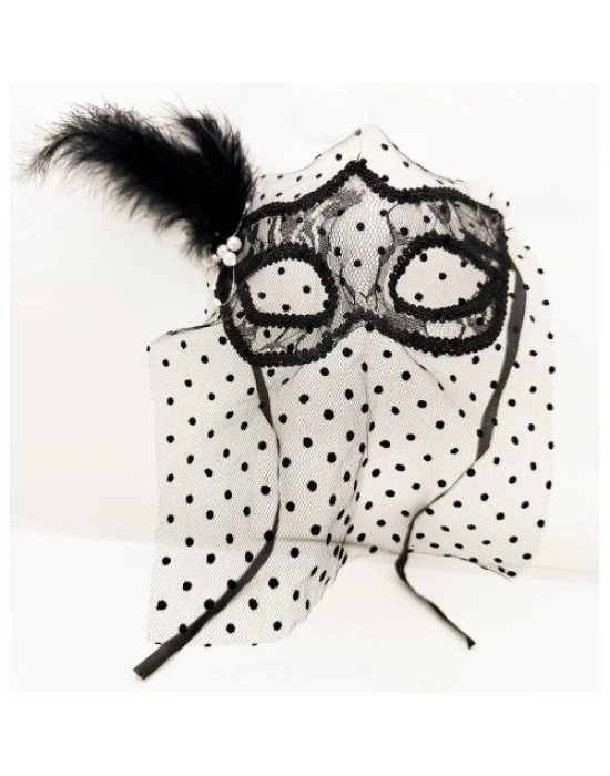 Siyah Puantiyeli Duvaklı İncili Parti Maskesi