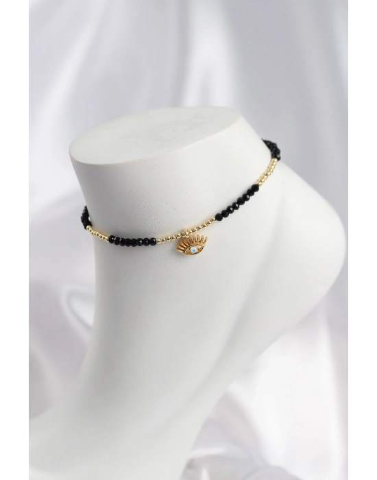 Siyah Renk Boncuklu Nazarlı Göz Figürlü Halhal