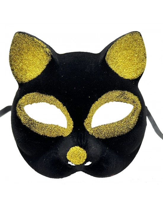 Siyah Renk Gold Simli Süet Kaplama Kedi Maskesi 18x14 Cm
