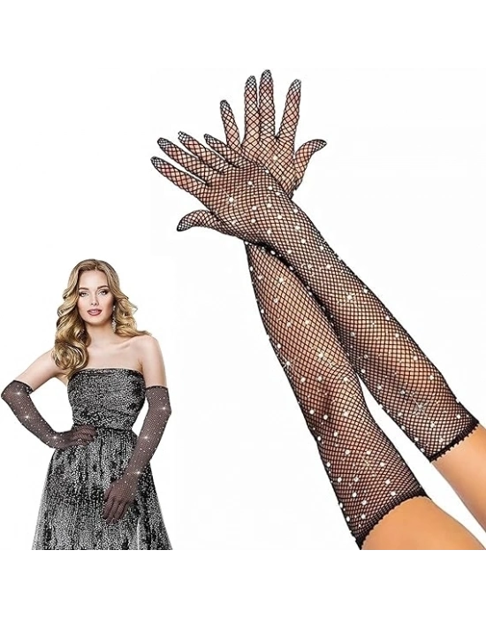 Siyah Renk İncili Elmas İşlemeli File Örgü Uzun Eldiven 45 cm