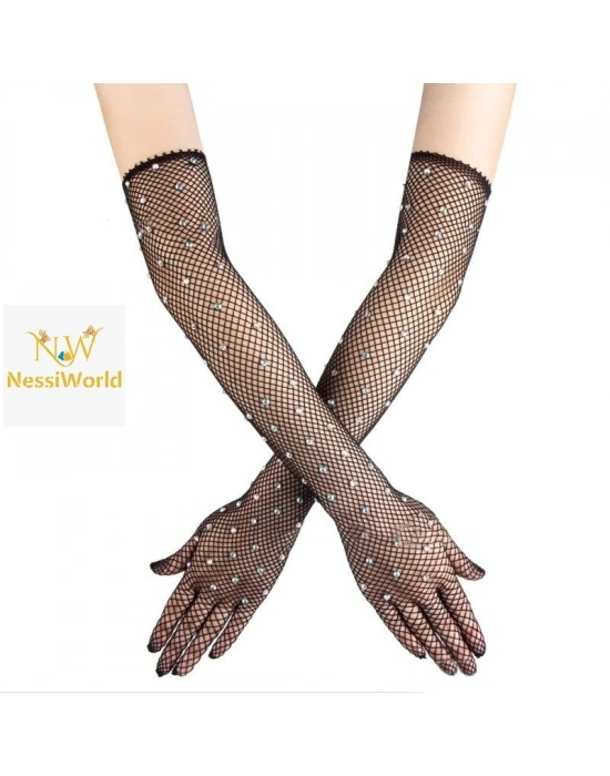 Siyah Renk İncili Elmas İşlemeli File Örgü Uzun Eldiven 45 cm