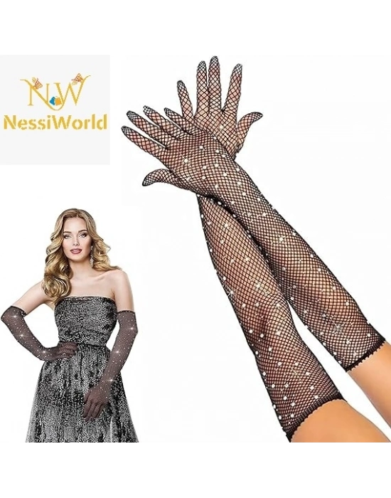 Siyah Renk İncili Elmas İşlemeli File Örgü Uzun Eldiven 45 cm