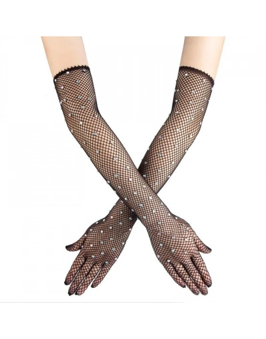 Siyah Renk İncili Elmas İşlemeli File Örgü Uzun Eldiven 45 cm