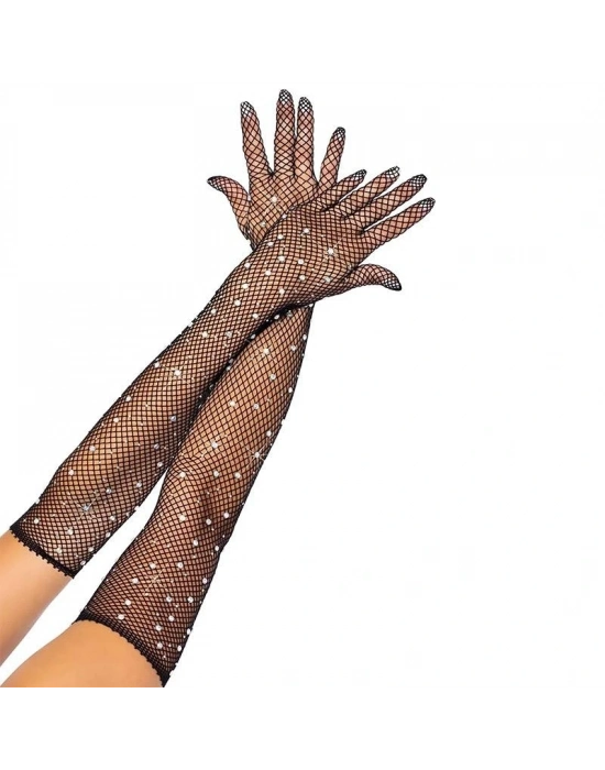 Siyah Renk İncili Elmas İşlemeli File Örgü Uzun Eldiven 45 Cm