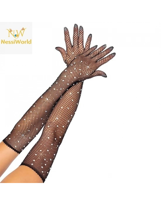 Siyah Renk İncili Elmas İşlemeli File Örgü Uzun Eldiven 45 cm