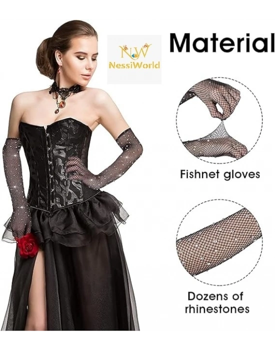 Siyah Renk İncili Elmas İşlemeli File Örgü Uzun Eldiven 45 cm