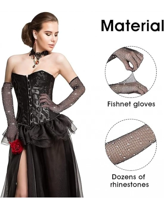 Siyah Renk İncili Elmas İşlemeli File Örgü Uzun Eldiven 45 cm