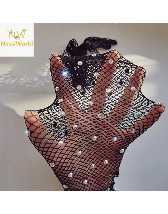 Siyah Renk İncili Elmas İşlemeli File Örgü Uzun Eldiven 45 cm