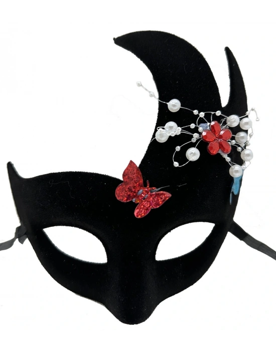 Siyah Renk İncili Taşlı Süet Kaplama Venedik Parti Maskesi 20x22 Cm