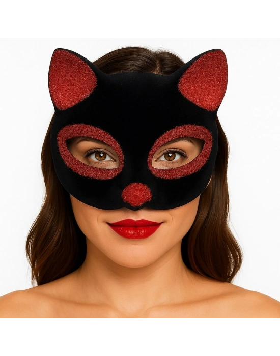 Siyah Renk Kırmızı Simli Süet Kaplama Kedi Maskesi 18x14 Cm
