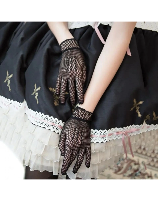 Siyah Renk Likralı File Eldiven Parmaklı Örgü Eldiven Yetişkin Boy