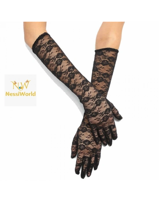 Siyah Renk Orta Boy Dantelli Eldiven Uzun Model