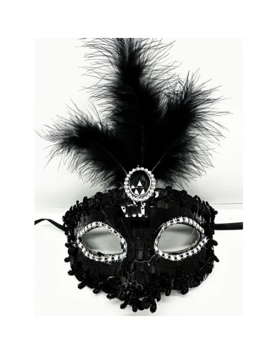 Siyah Renk Payetli Pullu Tüylü Parti Maskesi