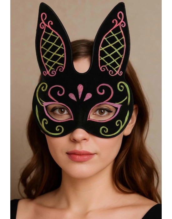 Siyah Renk Pembe Gold Simli Siyah Süet Kaplama Tavşan Maskesi 18x16 Cm