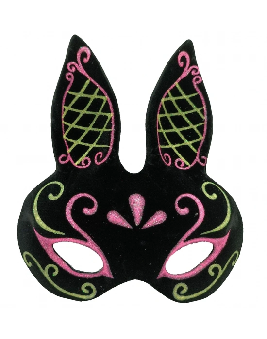 Siyah Renk Pembe Gold Simli Siyah Süet Kaplama Tavşan Maskesi 18x16 Cm