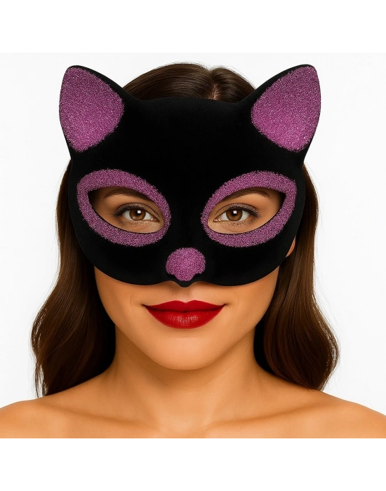 Siyah Renk Pembe Simli Süet Kaplama Kedi Maskesi 18x14 Cm
