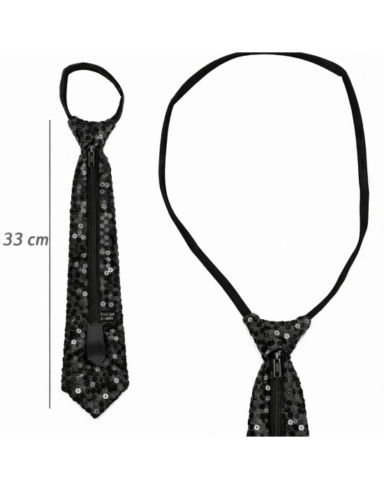 Siyah Renk Pul Payetli Işıltılı Parti Kravatı 33 cm