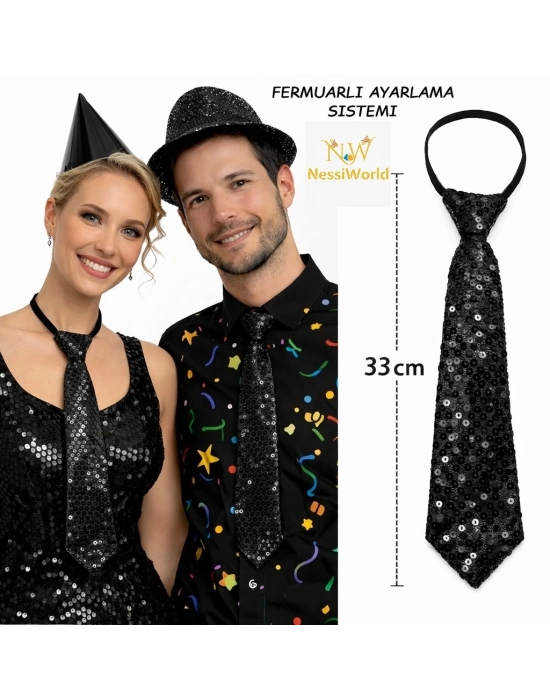 Siyah Renk Pul Payetli Işıltılı Parti Kravatı 33 cm