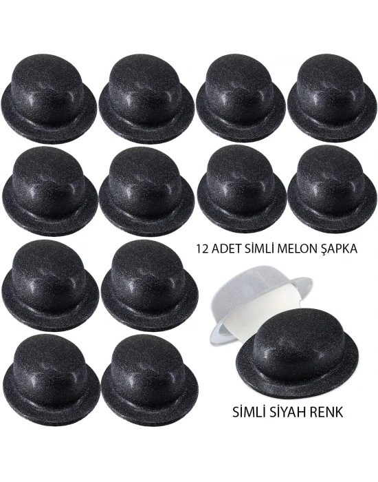 Siyah Renk Simli Melon Yuvarlak Parti Şapkası 12 Adet
