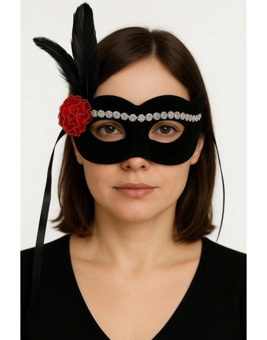 Siyah Renk Süet Kaplama Gümüş Dantelli Kırmızı Gül Tasarımlı Parti Maskesi 18x20 Cm