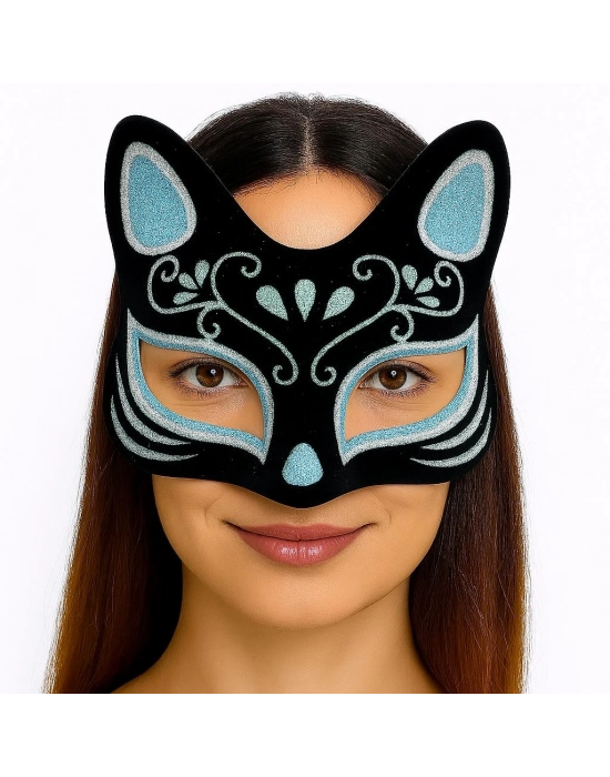 Siyah Renk Süet Kaplama Üzeri Gümüş Mavi Simli Kedi Maskesi 17x14 Cm