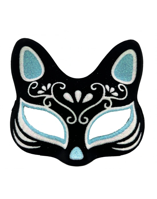 Siyah Renk Süet Kaplama Üzeri Gümüş Mavi Simli Kedi Maskesi 17x14 Cm