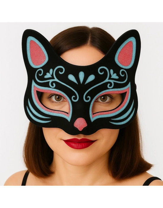 Siyah Renk Süet Kaplama Üzeri Mavi Kırmızı Simli Kedi Maskesi 17x14 Cm