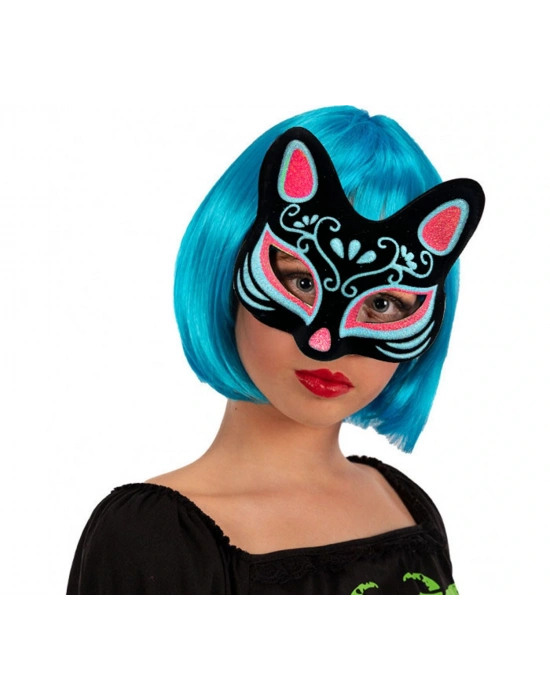 Siyah Renk Süet Kaplama Üzeri Mavi Kırmızı Simli Kedi Maskesi 17x14 Cm