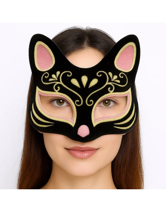 Siyah Renk Süet Kaplama Üzeri Pembe Sarı Simli Kedi Maskesi 17x14 Cm