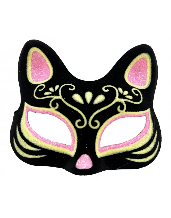 Siyah Renk Süet Kaplama Üzeri Pembe Sarı Simli Kedi Maskesi 17x14 Cm