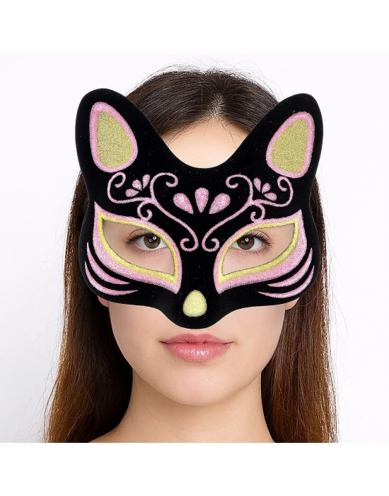 Siyah Renk Süet Kaplama Üzeri Sarı Pembe Simli Kedi Maskesi 17x14 Cm