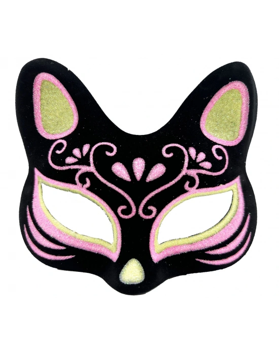 Siyah Renk Süet Kaplama Üzeri Sarı Pembe Simli Kedi Maskesi 17x14 Cm