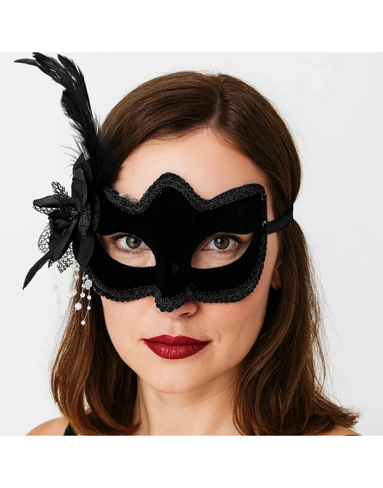 Siyah Renk Yandan Tüylü Beyaz İncili Süet Kaplama A Kalite Lüks Parti Maskesi 20x23 Cm