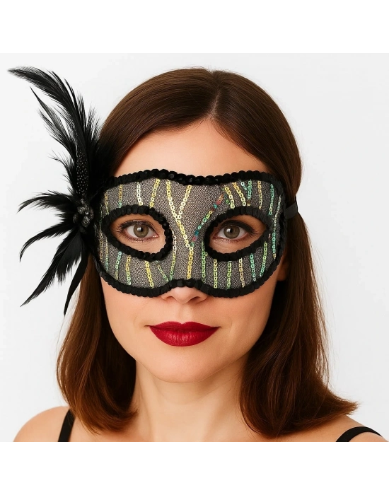 Siyah Renk Yandan Tüylü Pul Payet İşlemeli Parti Maskesi 23x12 Cm