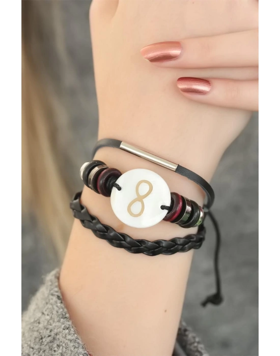 ® Siyah Renkli Sonsuzluk Tasarım Çoklu Deri Bayan Bileklik