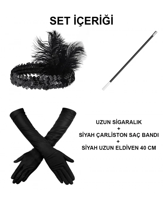 Siyah Retro Charliston Aksesuar Seti