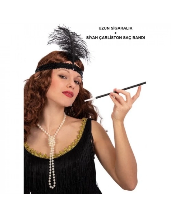 Siyah Retro Charliston Saç Bandı & Sigaralık