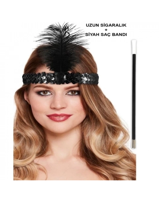 Siyah Retro Charliston Saç Bandı & Sigaralık