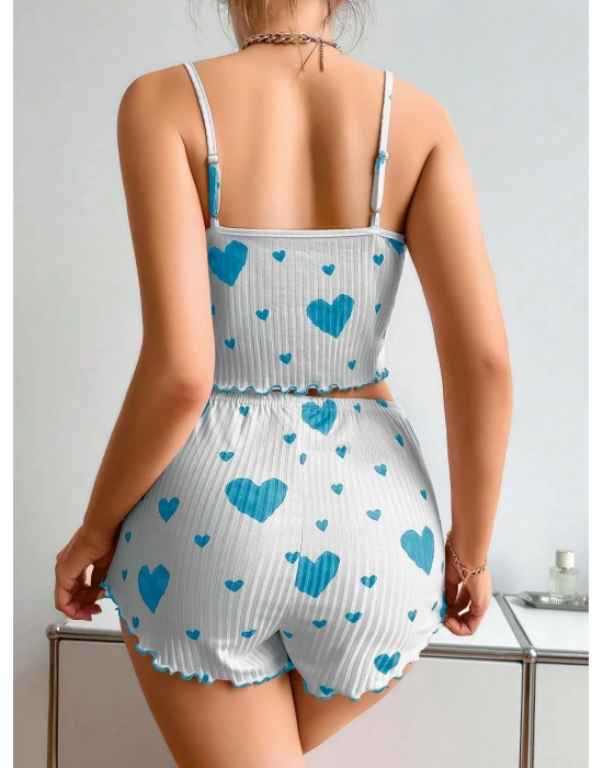 Kadın Beyaz Mavi Kalp Desenli Askılı Şortlu Pijama Takım 5043