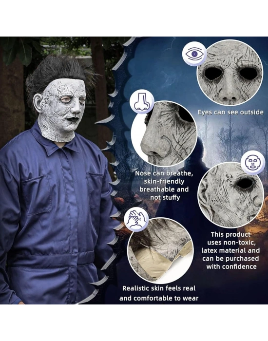 Siyah Saçlı Michael Myers Lateks Yüze Tam Yapışan Et Maske Korku Maskesi
