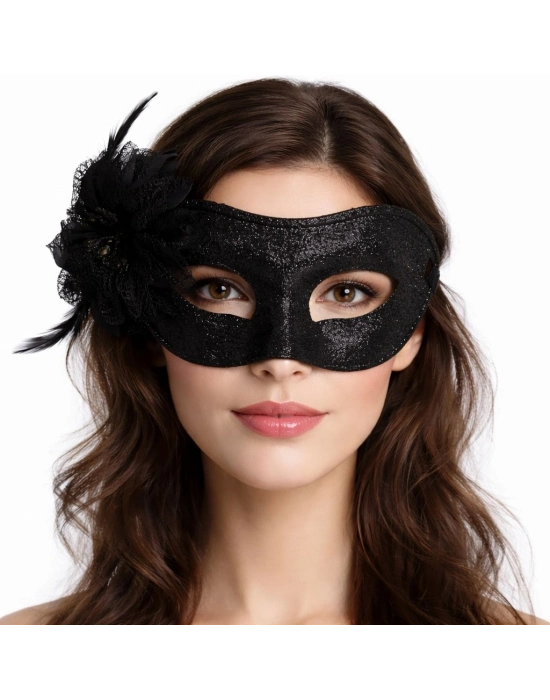 Siyah Simli Tüylü Balo Maskesi – Kadın Parti & Maskeli Balo Maskesi